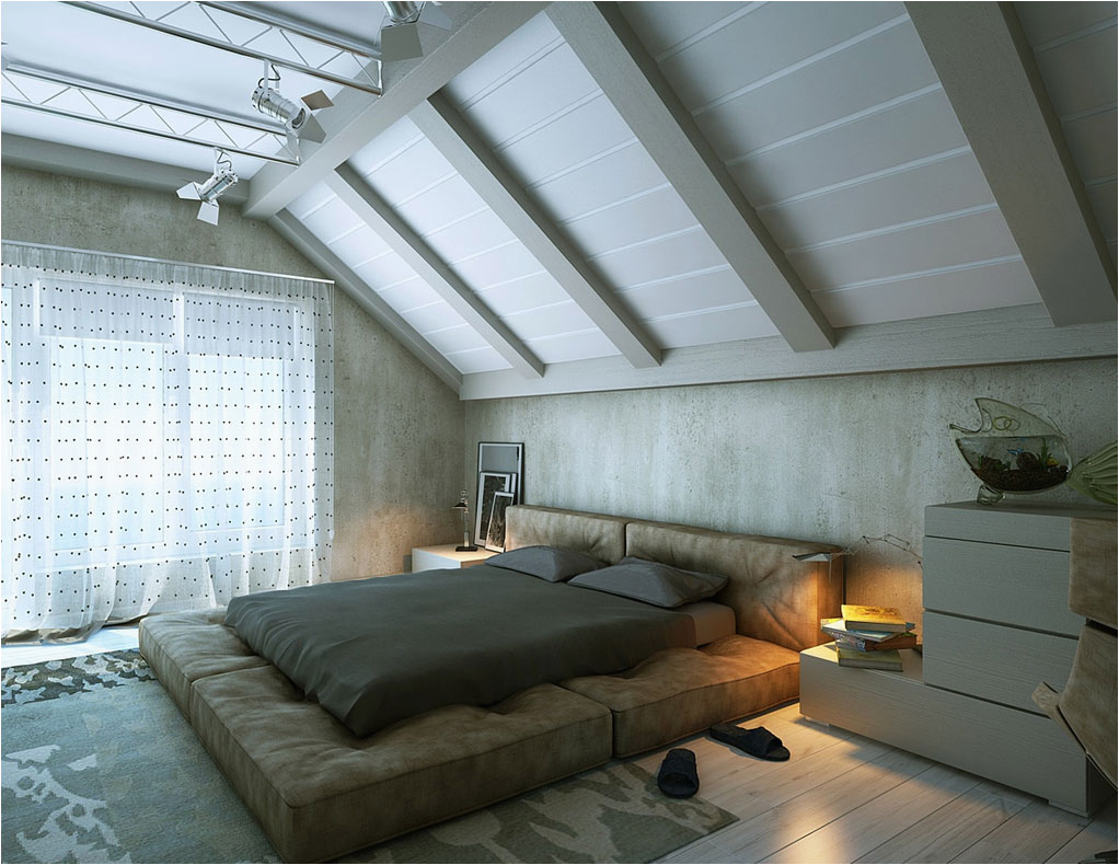 Moderne schlafzimmer Dachschräge Design mit betonwände