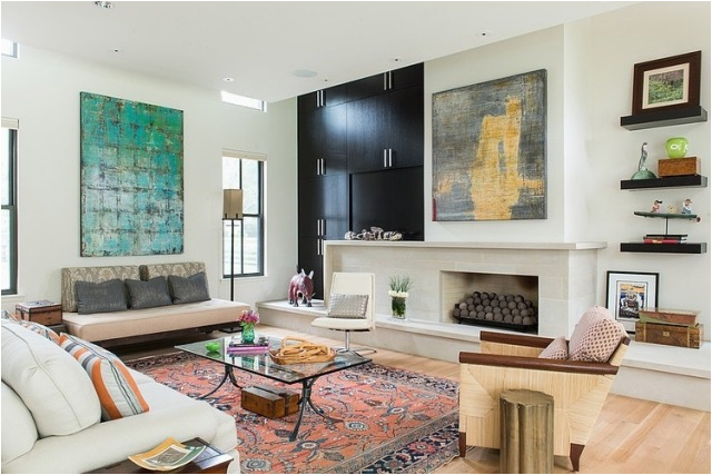 ideen wohnzimmer dekoration eklektisch kelim orientalisch abstrakte wandkunst